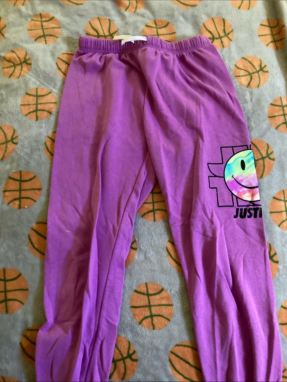 Justice Purple Jogger Pants with Tie-Dye Smiley Graphic size 16